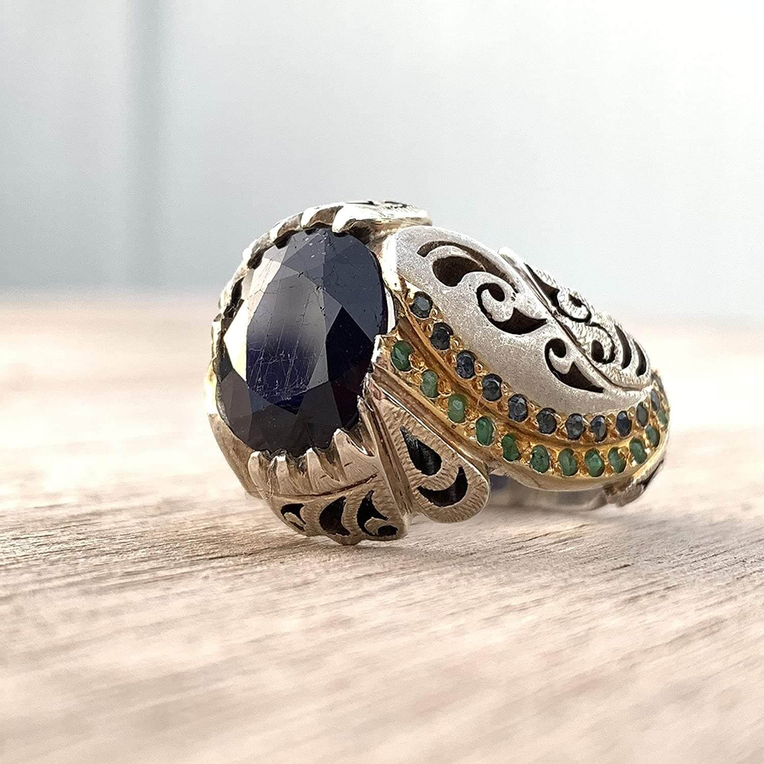 Handmade Sterling Silver Sapphire & Emerald Ring