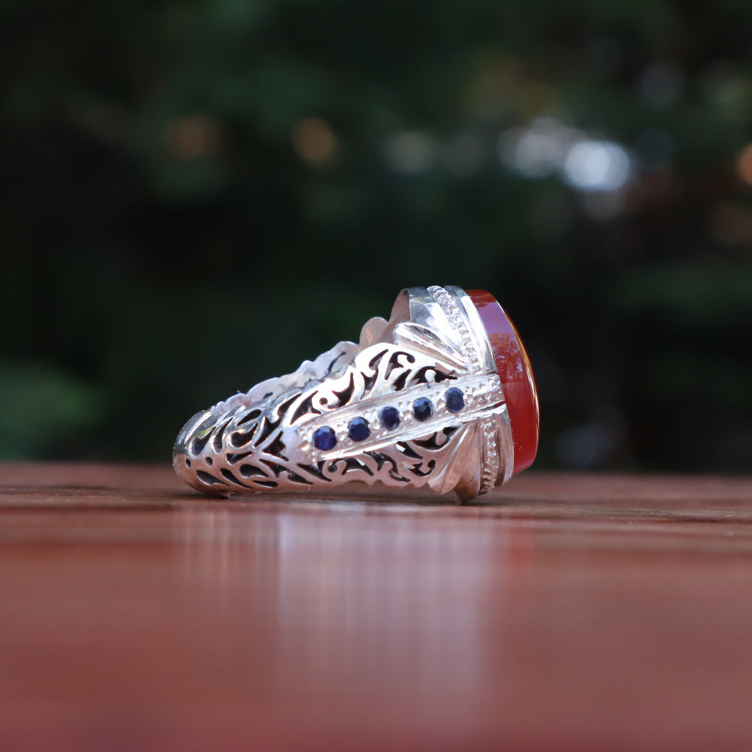 Shafaq Yemeni Aqeeq Ring with Sapphire Accents Sterling Silver Ring