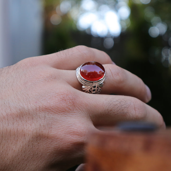 Shafaq Yemeni Aqeeq Ring with Sapphire Accents Sterling Silver Ring