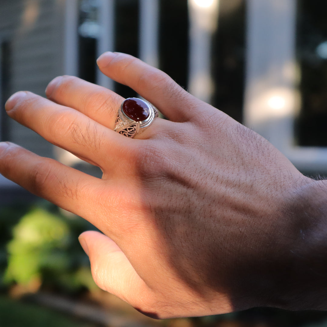 Amal Al Qamar Yemeni Aqeeq Sterling Silver Ring with Moissanite Accents