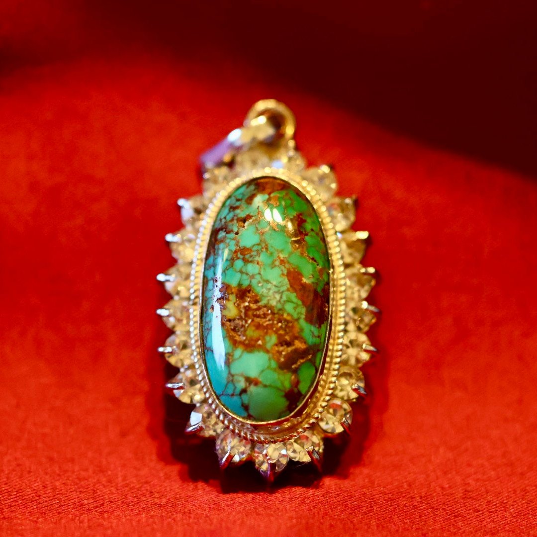 Turquoise (Feroza)  Oval Zirconia Sterling Silver Pendant