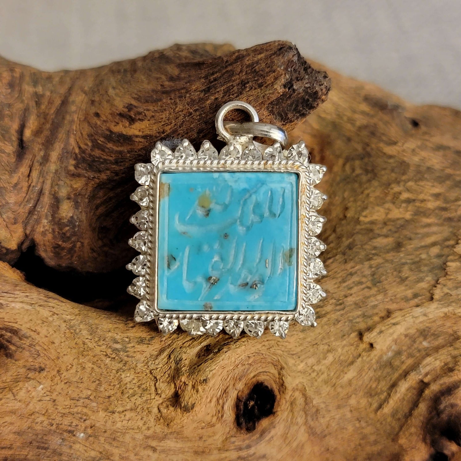 Kermani Feroza Natural Turquoise Pendant with Cubic Zirconia - Al Ali Gems